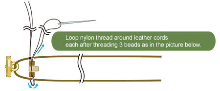 Loop nylon thread around leather cords each after threading three beads as in the picture below